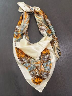 Silk-Feel Paisley Decorative Scarf - Cream with Orange and Blue
